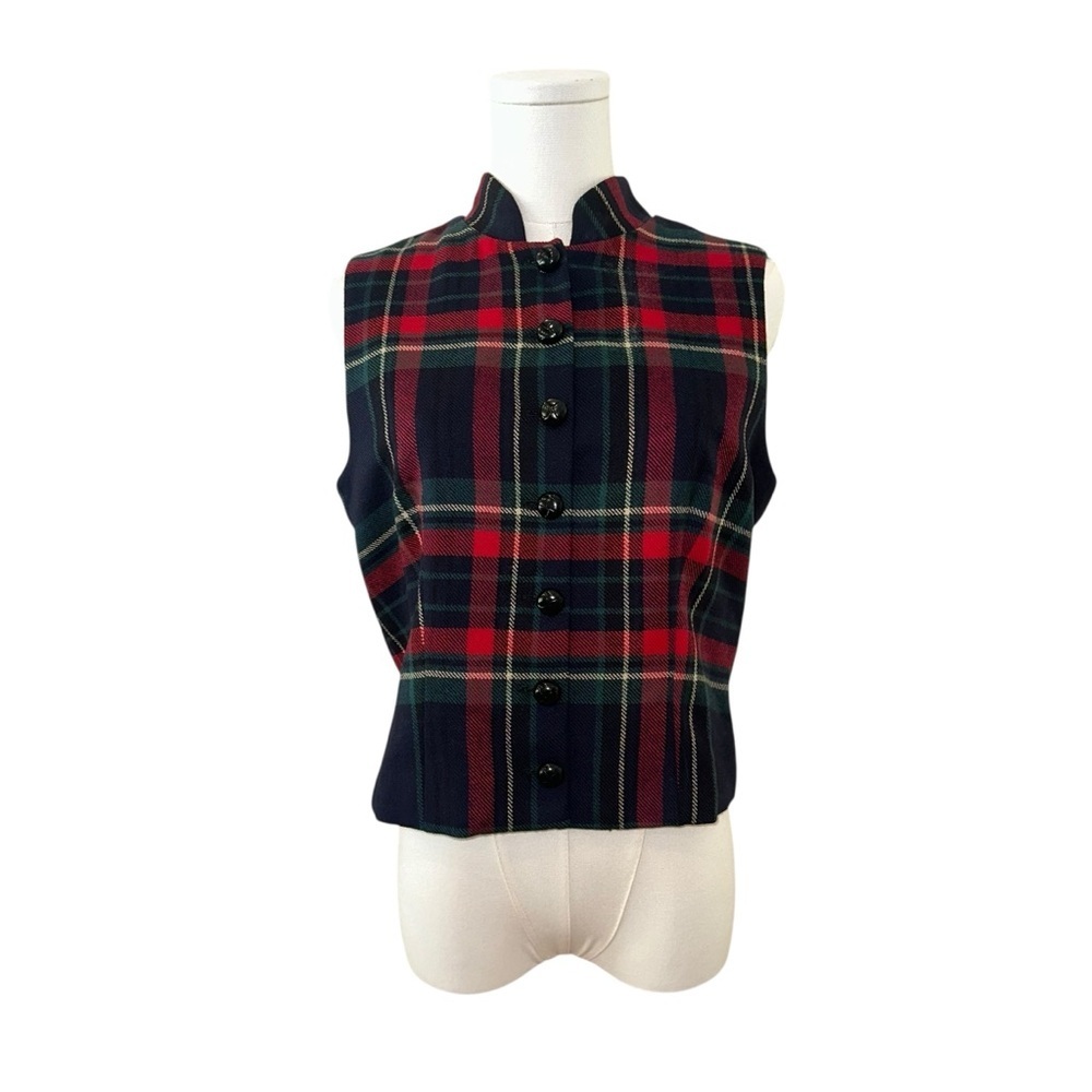Vintage Women's 4 Cropped Red Green Black Plaid Academia Button Up Wool Vest Top